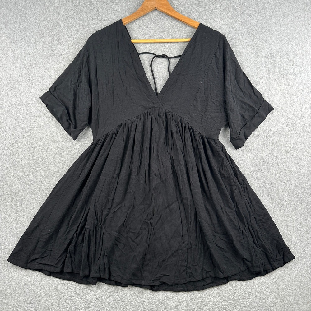 O'Neill Dress Womens S Babydoll Black V-Neck Short Sleeve Tassel Tie Pocket